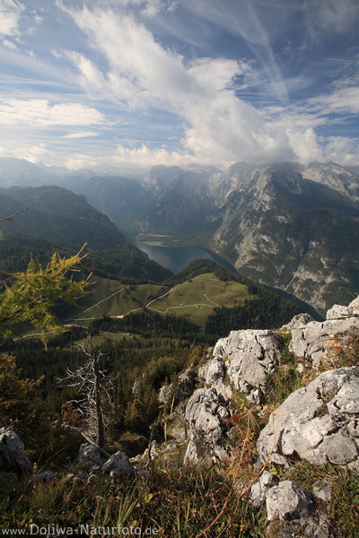 Berge Alpenlandschaft Knigssee Panorama Naturbild unter Wolken Blauhimmel ber Alm Watzmann Ausblick vom Jenner