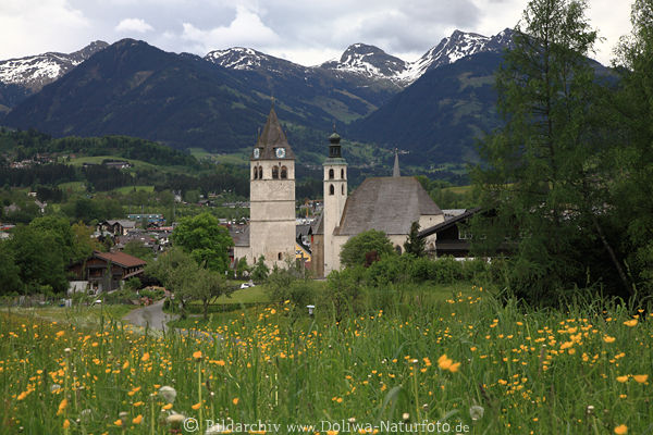 Kitzbhel Frhling Almwiese KirchenTrme in AlpenTal Gipfel Bergpanorama