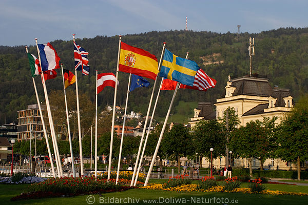 Bregenz Stadtbild am Bodensee: Flaggen am Hafen in Blumen, oben Pfnder, Bergbahn, Bregenzerwald