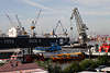 54809_ Fischmarkt Hamburg Bild, maritime Ansichten in Fotografie: Hafenblick auf Werft Kräne & Elbe Schiffe