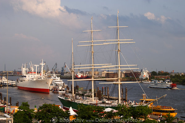 Elbe, Flusslandschaft, Schiffe: Cap San Diego, Rickmer Rickmers,  Hafenpanorama Foto