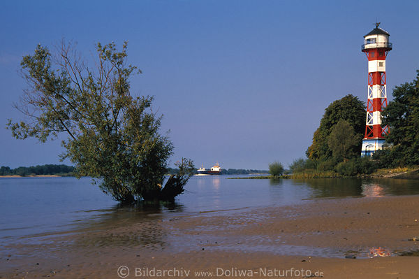 Leuchtturm Wittenbergen Elbe Ufer Hamburg Sandstrand Strauch Schiff Flussfahrt