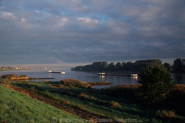 Elbe Flussbarken Schiffe Gtertransport auf Wasserweg in Nebel Morgendmmerung