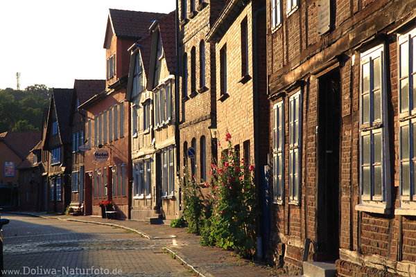 Elbgasse Hitzacker Althuser in Abendlicht Backstein-Holzbau