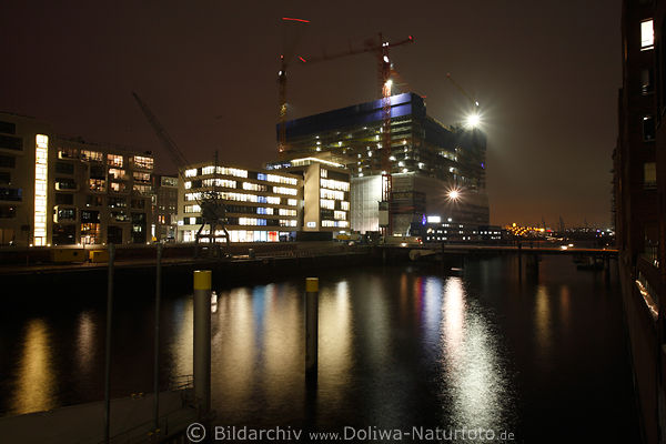 Elbphilharmonie Hamburg Nachtlichter 2009 Rohbau-Phase am Fleetwasser