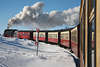101805_Brockenbahn Kurvenfahrt Winterfoto durch Schneelandschaft Dampflok 6 Wagons in Volldampffahrt