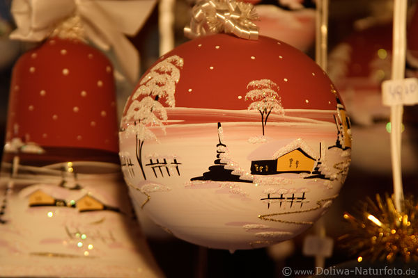 Weihnachtskugel Bild: rot-wei leuchten, Weihnachtsschmuck Foto vom Weihnachtsmarkt Adventstand