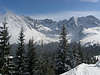 Bd0926_Wanderparadies Hohe Tatra Berge Winterlandschaft Gipfel in Schnee Naturbild über Bäume im Tal