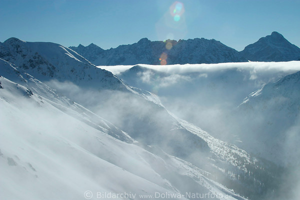 Ticha-Dolina Winter Naturfoto Hohe Tatra Bergtal im Wolkennebel Bergblick auf Gipfel Vel`ka Kopa