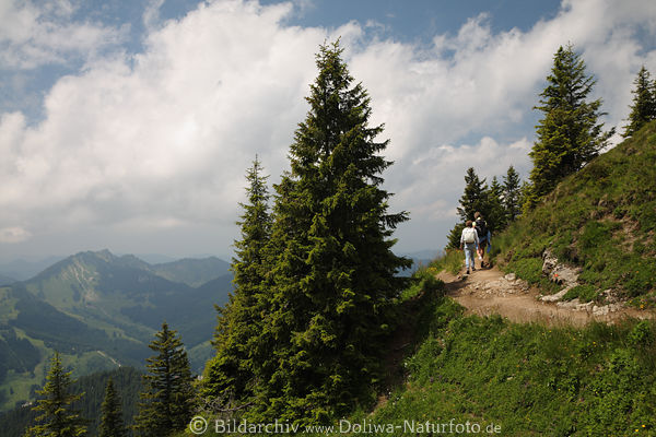 Bergpfad steiler Hang Wanderer Paar Bume Natur Alpenlandschaft