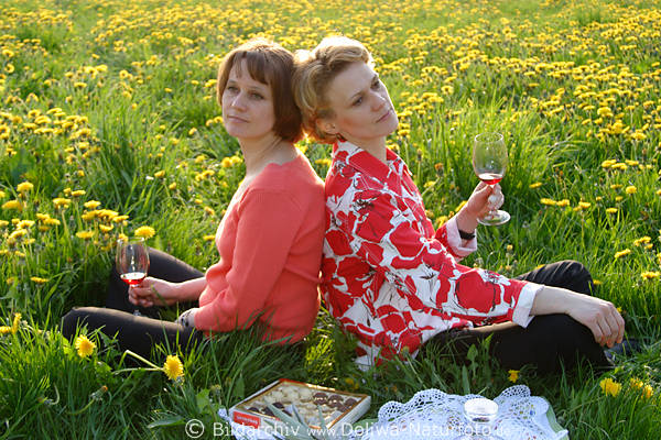 Girls Blumenwiese-Picknick mit Wein vertrumtes Paar in Frhlingsblte