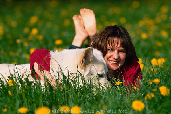 Frau umarmt Weisshund liegen in Blumenfeld Grüngras lächeln