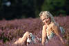 Blondes Mädchen Erotik-Porträt in Blütenfeld lila Erika liegen