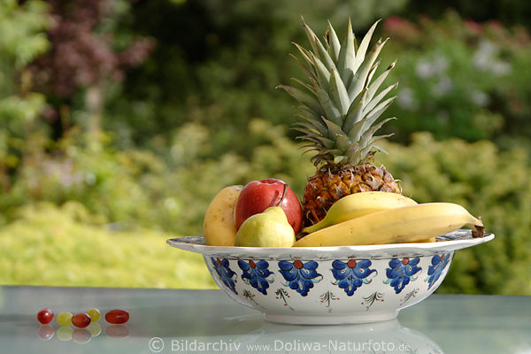 Obstteller mit Ananas Banane Apfel Birne in Schssel Tisch neben lose Trauben Gartensicht