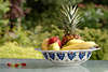 52546_ Obstteller, Obstschüssel Bild mit Ananas, Banane, Apfel & Birne auf Tisch mit losen Trauben Gartensicht