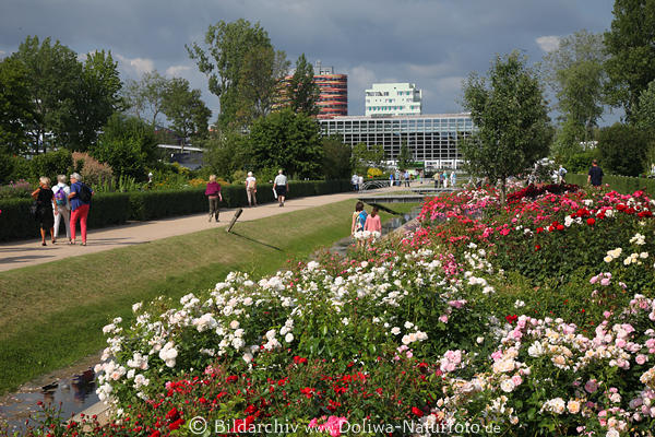 Gartenschau Besucher, Blumenrabatten, IGS Hamburg, Rosenfelder am Wasserkanal