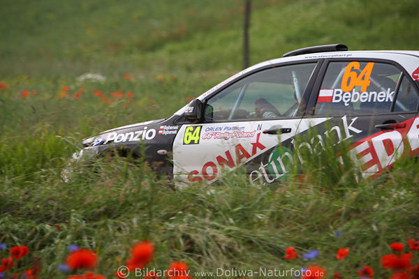 Mitsubishi in Blumenpiste WRC Rallye Polen Autorennen in Natur Masuren