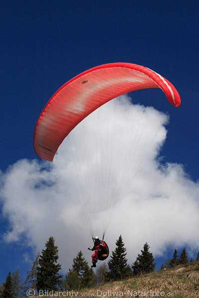Paragleiter Pilot am Berghang unter Rotschirm Startflugfoto