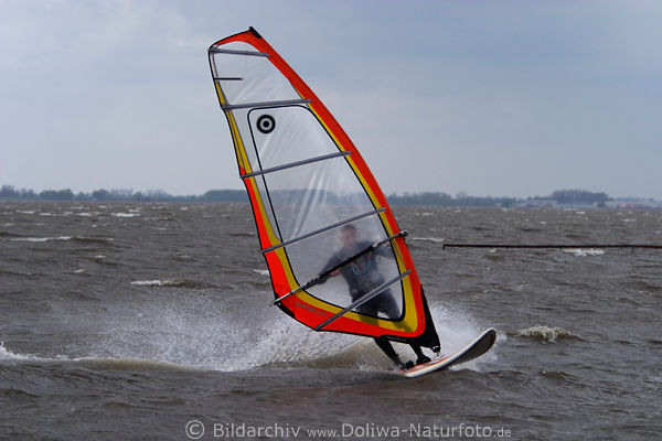 Surfer mit Segel in Kurve ber Elbe Wasser segeln Windsurfer Foto