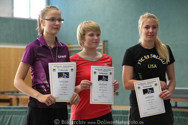 Mdchen Tischtennis Einzel Sieger mit Urkunden Foto: Alina Hoffmann, Marie-Theres Speck, Lisa Wolf