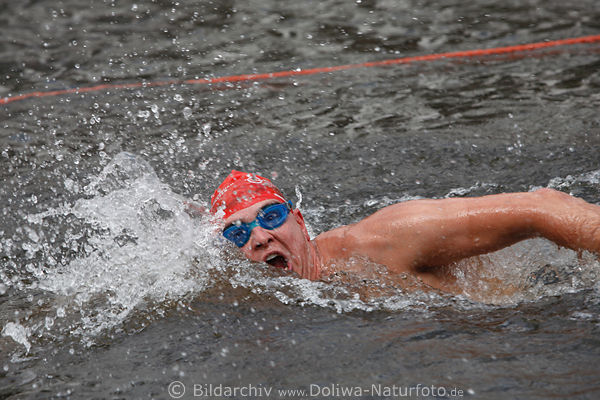 Triathlon Freistil-Schwimmer in Alsterwasser blaue Brille schwimmen kraulen