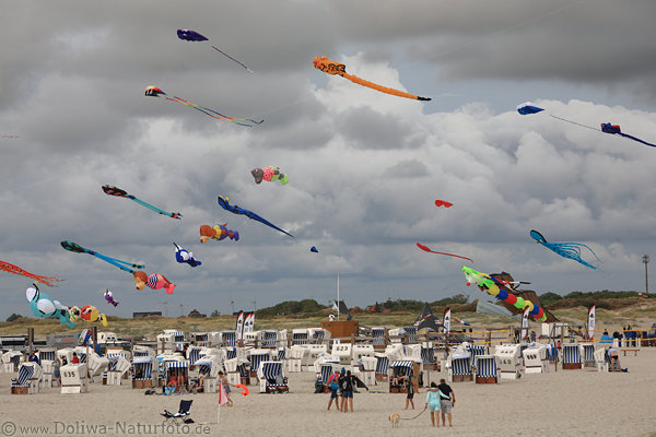 Fliegende Drachen ber St.-Peter-Ording Strand am Meer Nordseekste