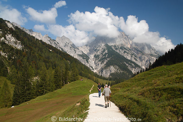 Bindalm Pfad vor Felswand in Wolken Berglandschaft Naturbild mit Wanderer