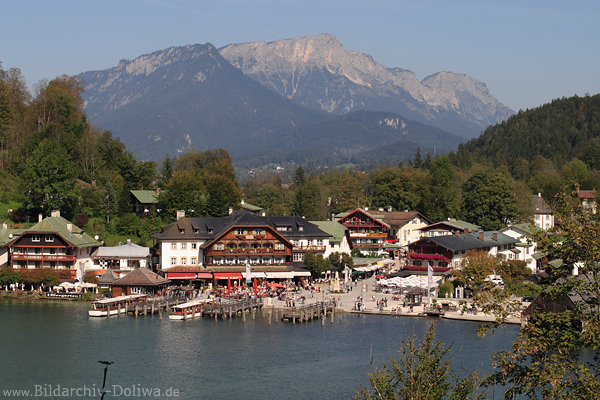 Bergdorf Knigssee Hafen Wasserufer vor Gipfel Berchtesgaden Alpen Naturbild