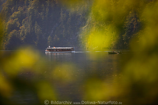 Königssee Wasserfahrt romantisches Naturbild Schiff Boot Seeblick Blätter Fotodesign