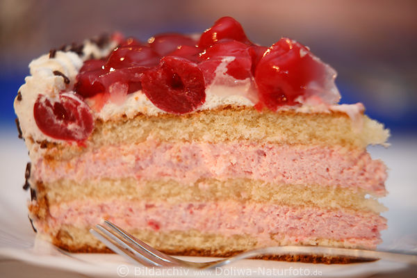 Tortenstck Foto Querschnitt Cremeschicht Gabel auf Teller Dessert