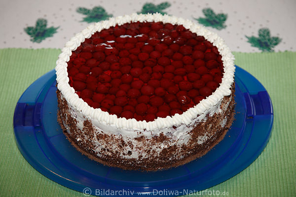 Kirschtorte auf tragbaren Tortenplatte grne Tischdecke Tortengu Gelee