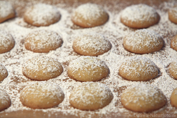 Vanillebusserl ausgelegte Keksplatte in Puderzucker Foto Adventsgebck Pltzchenplatte