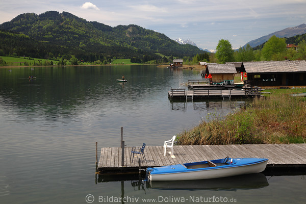 Weissensee Angler Wasserstegs grne Uferlandschaft Panoramabilder Bergblick Fotos