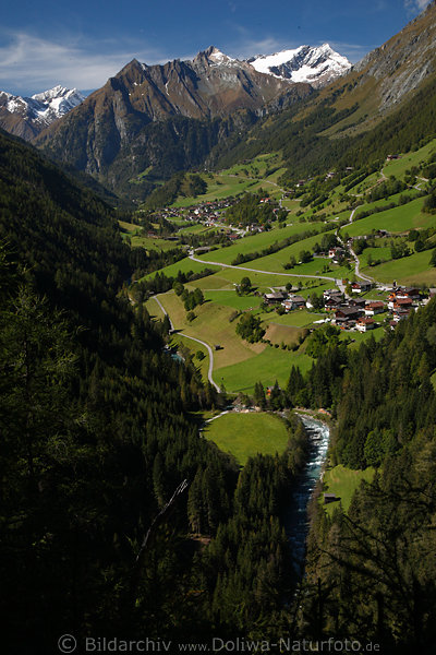 Iseltal Prgraten Drfer Grnwiesen unter Alpengipfel Berglandschaft Malhamkees Gletscher