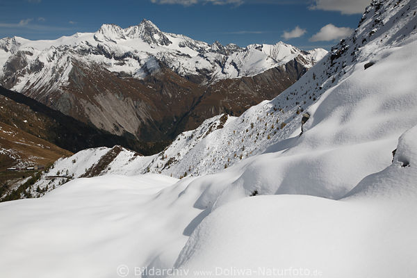 Gipfelblick zu Groglockner in Schnee Naturfoto Winterlandschaft ber Kals-Matreier-Trlhaus