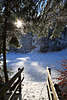 816101_ Wintermärchen Foto am Weißbach, Tannenzweige werfen Schnee im Sonnenschein über Holzsteg am Bach in Waidring