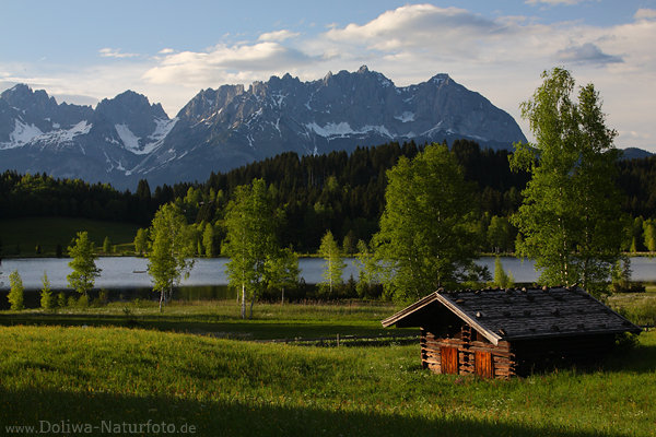 Schwarzsee Frhling-Naturfoto Htte Alpenlandschaft Grnbume vor Gipfelkulisse Kaisergebirge