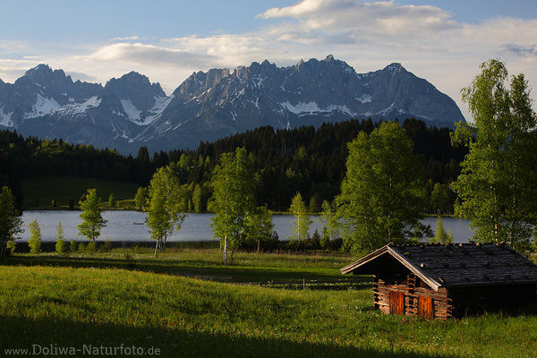 Schwarzsee Naturfoto Grnwiese Htte in Alpenkulisse Kaisergebirge Abendstimmung