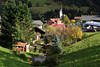 Alpendorf Hirschegg Grünidyll Naturbild Kleinwalsertal Herbstfoto Kirche über Dächer