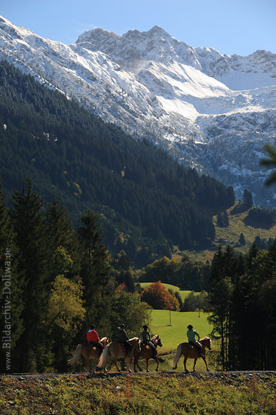 Reitferien Ritt in Natur Allgäu Berge Reitergruppe Reitausflug zu Pferd in Herbst Berglandschaft