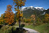 813079_ Oberstdorf Wanderweg Foto Herbst Berglandschaft Blick auf verschneite Allgäuer Alpen mit Skischanzen