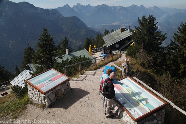 Tegelberg Gipfelhtten Wanderer Bild in Alpenpanorama Allgu Gebirgslandschaft Foto von Bergstation