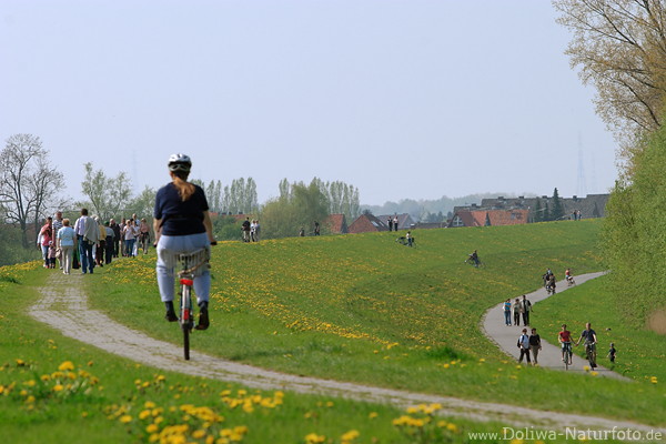 Elbdeichwege mit Menschen Radfahrer Frhling-Spaziergang in Cranz