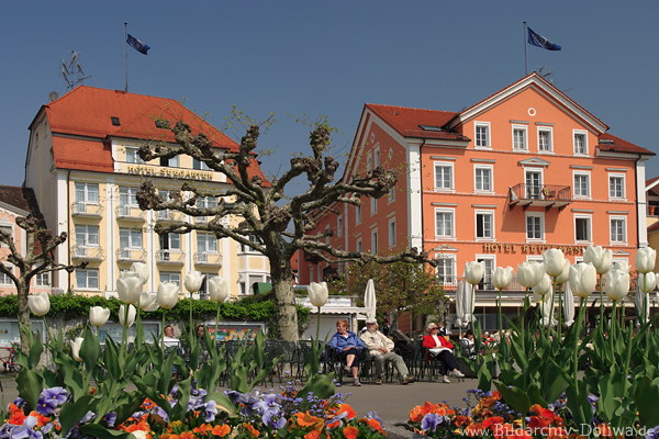 Blumenpromenade Insel Lindau bunte Hotels Urlaubsfeeling in Tulpenreihen