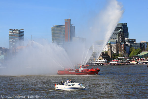 Feuerwehrschiff Wasserfontnen Bild vor Elbufer Hamburg Landungsbrcken