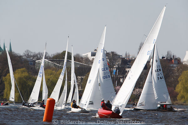 Alstersegler in Seelandschaft Wind um Boje drehen Regatta Wettkampf