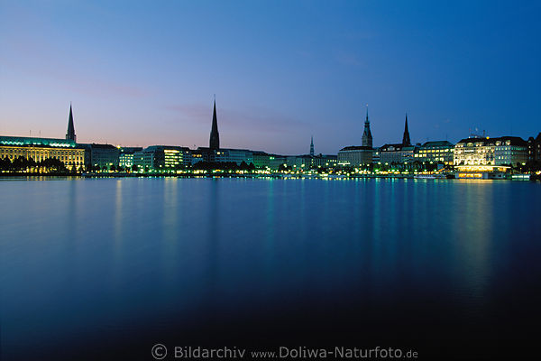 Alster-Nachtfoto Hamburg City-See Lichter-Spiegelung Blauwasser-Panorama