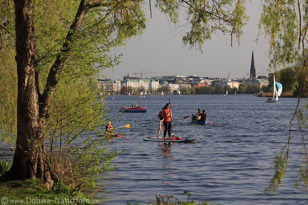 Paddling in Alsterwasser Hamburg See Schwimmbrett