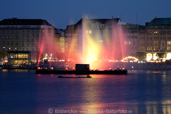 Wasserlichtspiele am Alstersee vor Hamburg Citypanorama WM-2006 Zeit Abend-Lichtshow