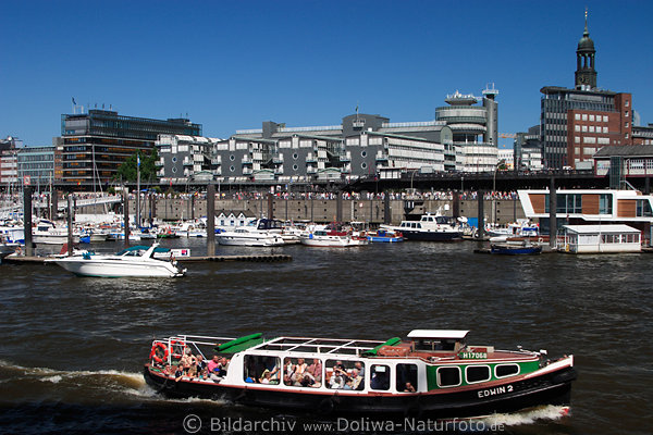 Hamburger Hafen Boote in Wasserlandschaft moderne Architektur Skyline am Baumwall Gruner+Jahr Pressehaus & Michelturm Panorama Blick von der Elbe